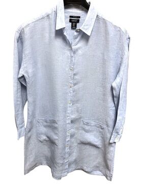 J&CO Jones New York Blue Linen Oversized Tunic w/Split Sides Shell Buttons Sz M